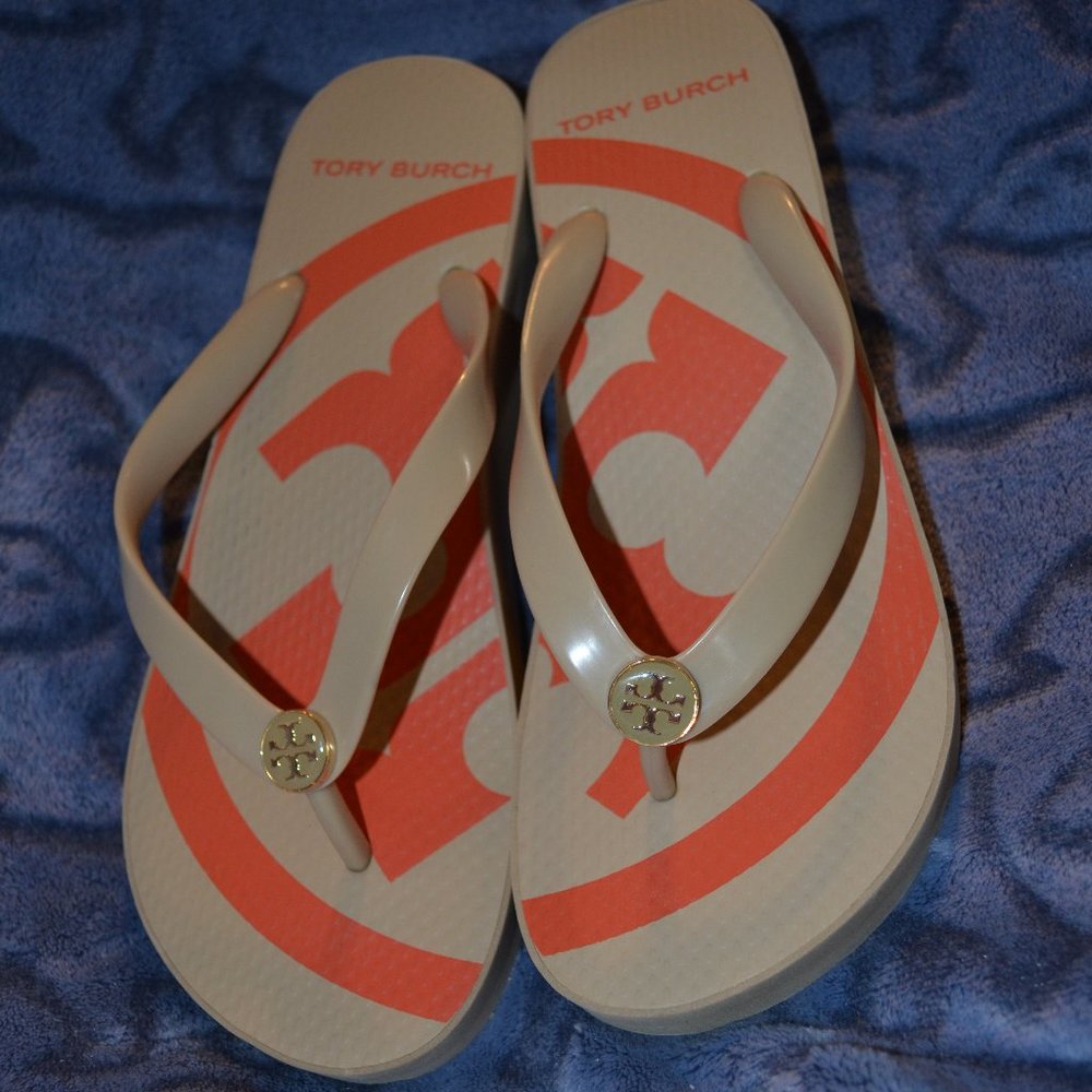 Tory Burch Taupe Wedge Flip Flops Size 8 Like New